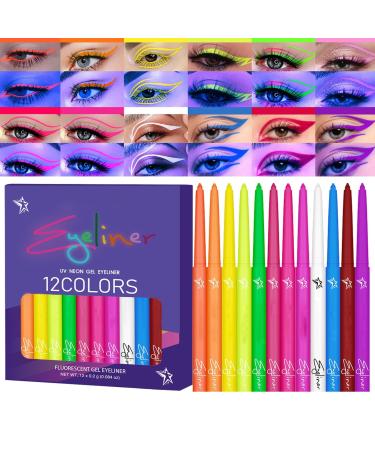 Colorful Eye Liner Set 12 Colors High-Precision Pen Tip Liquid Liner Waterproof UV Fluorescent Eyeliners Neon Glow Supplies Highly Pigmented Graphic Liners for Long-lasting Wearing