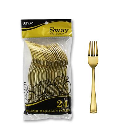 WHISC Gold Plastic Fork Set Sway Cutlery Collection-24 Pieces - Heavy-Duty Disposable Forks- Fancy Utensils For Catering Events, Birthdays, Christmas- Elegant Party Flatware Forks For Weddings Forks Gold