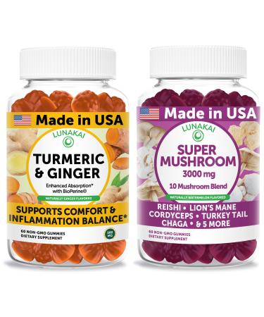 Lunakai USA Made Turmeric & Ginger + Super Mushroom Gummies Bundle Naturally Flavored Non-GMO 60ct Each