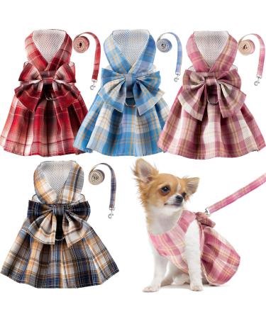 Potchen 4 Pcs Plaid Dog Dress Bow Tie Harness Leash Set Harness Dress for Small Dogs Cute Dog Pet Girl Puppy Summer Clothes for Female Summer Bunny Rabbit Clothes Yorkie Chihuahua Training Walking(M) Medium