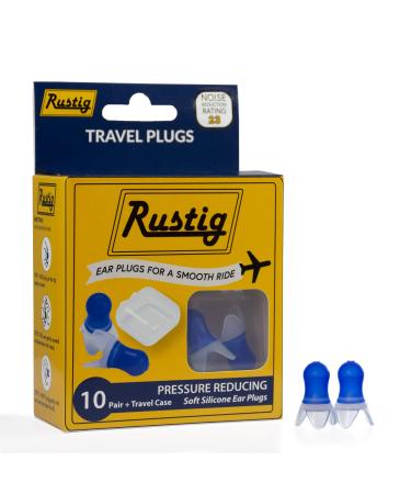 Rustig Pressure Reducing Silicone Travel Ear Plugs with Travel Carrying Case - Up to 23 Decibel Hearing Protection (10 Pair) Reusable and Hand Washable