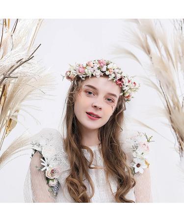 Hjhiwe Adjustable White Rose Bridal Crown - Boho Floral Headdress for Weddings & Photography - Rustic Beige Headband for Brides & Girls - Buy Online on GoSupps.com