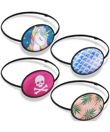 SATINIOR Silk Adjustable Eye Patch 4 Pieces Lazy Eye Patches with Elastic Strap Single Right or Left Pirate Eye Patch for Adults Kids Soft Silky Eyepatch with Unicorn Skull Leaves Wave Pattern
