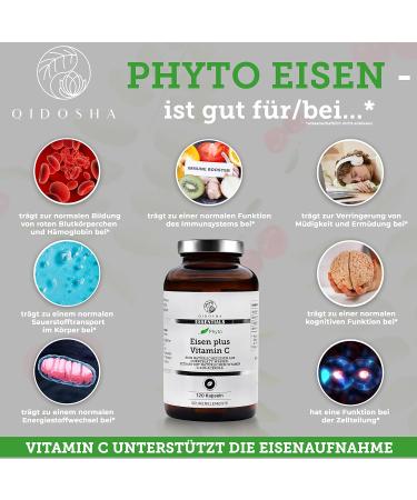 Qidosha Vegetable Iron Plus Vitamin C Capsules | 120 Vegan Capsules with Curry Blade Extract & Acerola Fruit Powder | Purely Plant-Based Iron Supplement - Buy Online on GoSupps.com