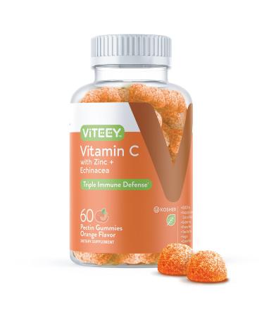 Vitamin C Gummies Plus Zinc & Echinacea 3 in 1 Immune Support Booster Herbal Dietary Supplements Vegan Plant Based Pectin - Good for Adults Teens & Kids - Orange Flavor Gummy 60 Count 1-Pack