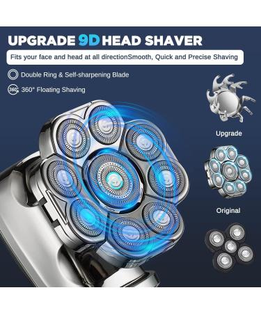 LOVCOYO 9D IPX6 Waterproof Head Shaver for Men - 6 in 1 Bald Head Shaver Kit with LED Display, USB Rechargeable Electric Shaver for Bald Men - Silver - Buy Online on GoSupps.com