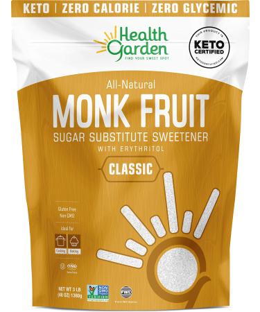 Health Garden Monk Fruit Sweetener, Classic - Non GMO - Gluten Free - Sugar Substitute - Kosher - Keto Friendly (3 lbs) 3 Pound (Pack of 1)