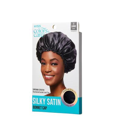 KISS COLORS & CARE Silky Satin XL Bonnet Cap - Protective & Gentle Fabric - Slip-Free Elastic Band - Breathable & Stylish Sleep Cap - Black - Buy Online on GoSupps.com