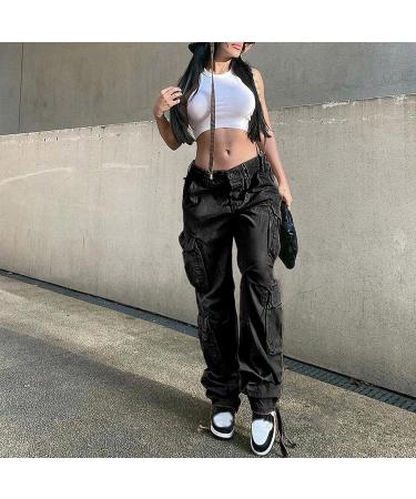 Gufesf Women's Baggy Cargo Pants - Trendy Low Waist Wide Leg Trousers with Big Pockets | Y2K Streetwear Fashion - Ak-a-black, Large - Buy Online on GoSupps.com