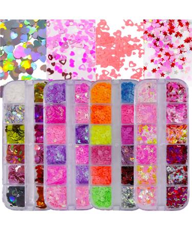 4 Boxes Iridescent Nail Glitter Sequins Set Heart Star Butterfly Shapes Glitters Flakes Sticker Manicure Accessories for Acrylic Nails/Resin/Crafts/Makeup Pink Valentines