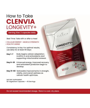 CLENVIA Longevity+ Urolithin A Supplement Urolithin A+ with Trans-Resveratrol Blueberry Extract & Green Tea EGCG Cellular Energy Muscle Strength & Healthy Aging Vegan Non-GMO 90 Capsules - Buy Online on GoSupps.com