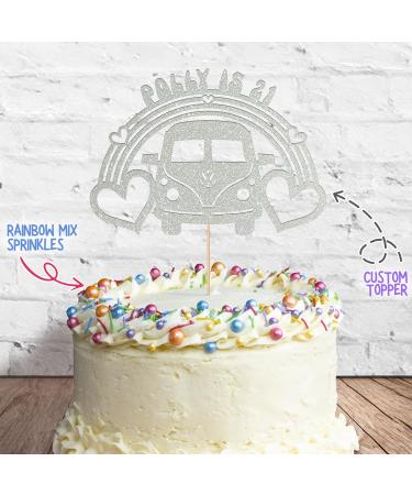 Cakeshop Cake Decoration Pack | Campervan 60s Theme Premium Double Sided Glitter Card Cake Topper & 25g Party Pack of Cake Sugar Sprinkles | Custom Name & Age Cake Decorations (Light Silver) Prime Glitter Card: Light Silver - Buy Online on GoSupps.com