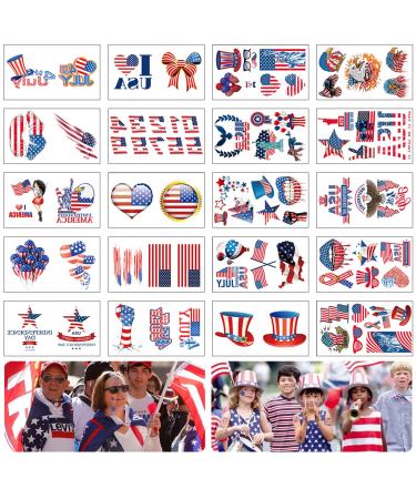 Fourth of July Temporary Tattoos Independence Day 4th of July Patriotic Temporary Tattoos for USA Party Favors Decoretions Accessories American Flag Red White & Blue Design USA Stickers for Labor Day Memorial Day Party S...