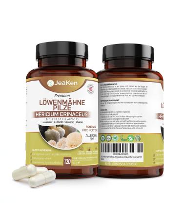 JEKEN LIONS MANE Mushroom (lion mane mushroom) - 5000mg from 10: 1 extract no fillers - brain supplement for cognitive brain power - 120 vegan focus supplements and memory capsules