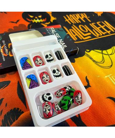 Colorful Nightmare Before Christmas Press-On Nails | Short Square Acrylic False Nails with Ghost Designs - 24 Pcs for Women - Buy Online on GoSupps.com