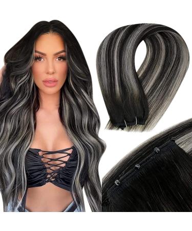 Laavoo 12 "Width Microring Tress Extensions Real hair Balyage Black Easy Weft Extensions Real Hair Micro Beads Remy Human Hair Ombre Black Silver Eze Extensions 50g #1b/Silver 40cm-50g 2.34 #1b/S/1b