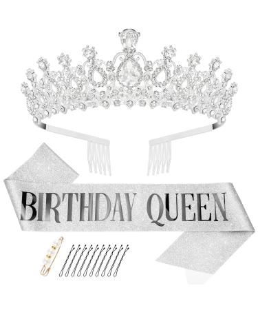 Makone Birthday Queen Sash & Rhinestone Tiara Set Silver Birthday Tiara for Women Birthday Crown for Girls Crystal Hair Accessories Glitter Sash for Party 001 Silver