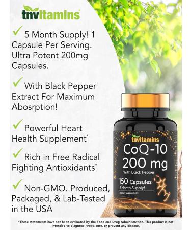CoQ10 200mg Capsules with Black Pepper Extract - 150 Count | Max Absorption Antioxidant Supplement | 5 Month Supply | Boost Energy & Fight Free Radicals - Buy Online on GoSupps.com
