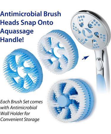 AquaCare 3-pc. Brush Head Set for Aquassage Hand Shower - Soft Body & Hair Brush, Wall Holder - 100% Hygienic Material, Eliminate Odors & Biofilm Buildup - Blue - Buy Online on GoSupps.com