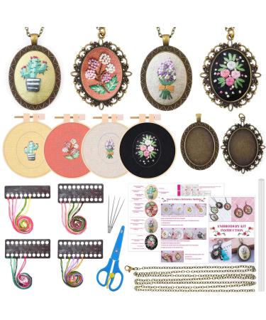 4 Packs Embroidery Kit for Beginners Shynek 26 Pcs Mini Cross Stitch Kits Includes Stamped Embroidery Clothes with Flowers Pattern Embroidery Necklace Pendant Embroidery Hoops and Necklace Chains Yellow Red White Bla...