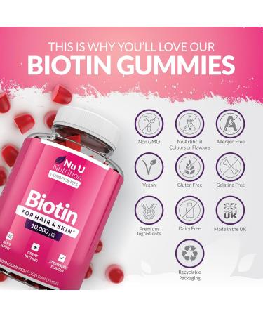 Biotin Hair Gummies 10,000mcg - 90 Vegan Gummies - Strawberry Flavour - Supports Hair Growth & Healthy Skin - Chewable Hair Vitamins - Buy Online on GoSupps.com