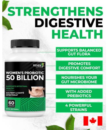 RENEW ACTIVES Probiotics for Women 50 Billion CFU per 2 Capsules MAKTREK Technology 4 Probiotic Strains & Prebiotic Blend Supports Digestion Health & Gut Flora Balance Made in Canada 60 Capsules - Buy Online on GoSupps.com