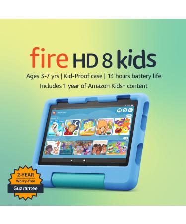 Amazon Fire HD 8 Kids tablet, 8" HD display, ages 3-7, includes 2-year worry-free guarantee, Kid-Proof Case, 32 GB, (2022 release), Blue 32 GB Blue Fire HD 8 Kids