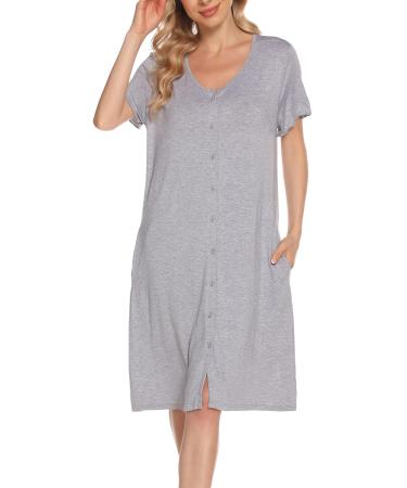 Lovasy Women's Nightdresses&Nightshirts Soft Nighties for Women Maternity nightdress Ladies Button Down Nightdress Nighties Nursing Labour Night Dress with Pockets Light Grey XL