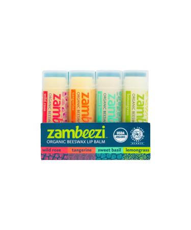Zambeezi Fair Trade Organic Beeswax Lip Balm - CORE 4 Pack (Wild Rose Tangerine Sweet Basil and Lemongrass) - Ethically Sourced