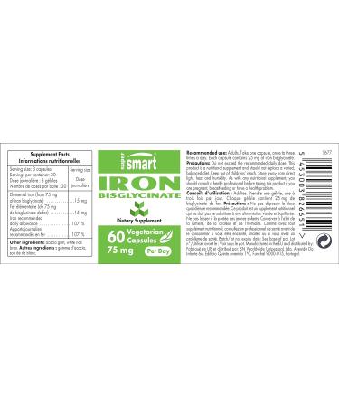 Supersmart Iron Bisglycinate 75mg - Highly Bio-Available Iron Supplement | Non-GMO & Gluten-Free - 60 Vegetarian Capsules - Buy Online on GoSupps.com