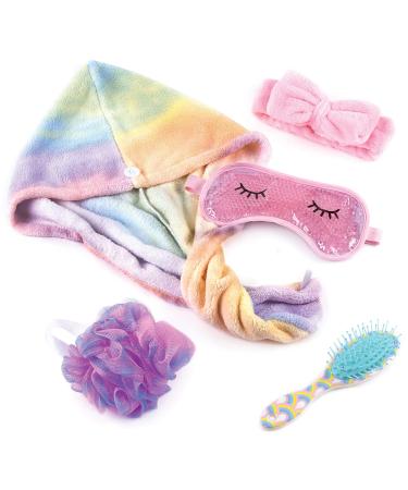 Rainbow Bright Bath Set for Teens and Girls - Shower and Spa Kit with Hair Towel Wrap, Brush, Eye Mask, Headband, and Loofah - Buy Online on GoSupps.com