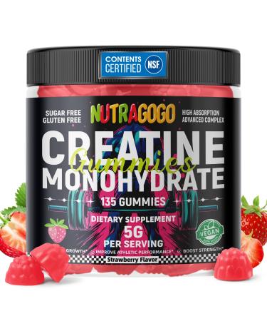 NUTRAGOGO NSF Certified Creatine Gummy - Creatine Monohydrate Gummies for Men & Women-5g of Creatine Monohydrate per Serving - Sugar Free Vegan Strawberry Electrolyte Chews 135 Count