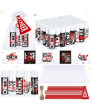 50 Sets Cheer Gifts Bulk 50 Cheer Lip Balm Bulk Moisturizing with 50 Organza Drawstring Gift Bags 50 Tags Cheerleader Gifts Cheer Gifts Bulk for Team (Red)