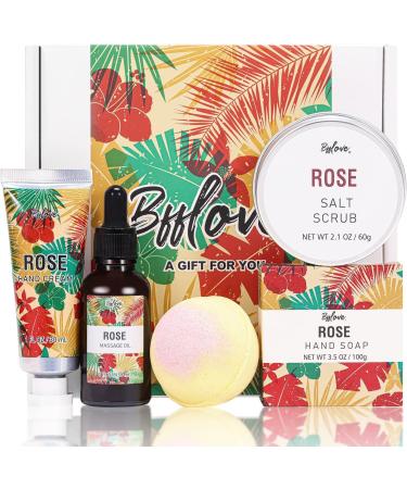Bathroom set for women Mother's Day gift BFF Love 5 pieces of care fragrance of the rose spa beauty set in travel size birthday present with salt peeling bar bombs