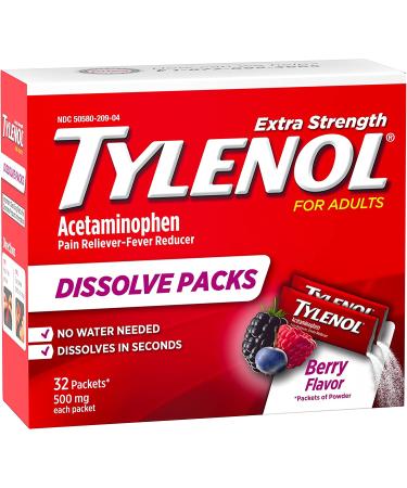 Tylenol Extra Strength Dissolve Packs | Berry Flavor | 32 Count Pack | Fast Pain & Fever Relief with Acetaminophen - Buy Online on GoSupps.com