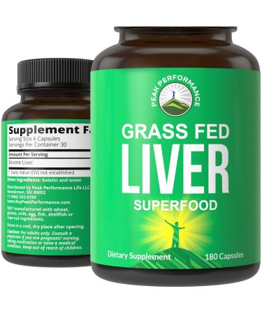 Grass Fed Desiccated Beef Liver Supplement by Peak Performance. 180 Capsules of Grassfed Liver Superfood Pills Contains Natural Iron, Vitamins, Amino Acids. Great for Adrenal and Immune Support
