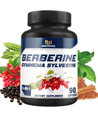 BMVINVOL 5-in-1 Berberine Supplement with Ceylon Cinnamon Gymnema Sylvestre Bitter Melon & Black Pepper - Supports Immune Function Cardiovascular Heart (90 Count)