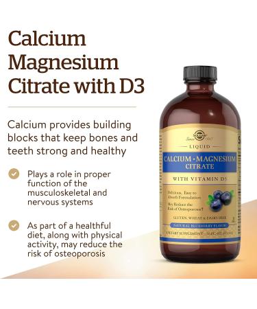 Solgar Liquid Calcium Magnesium Citrate with Vitamin D3 16 oz - Blueberry Flavor | Supports Bone & Teeth Health | Gluten-Free, Dairy-Free, Kosher - Buy Online on GoSupps.com