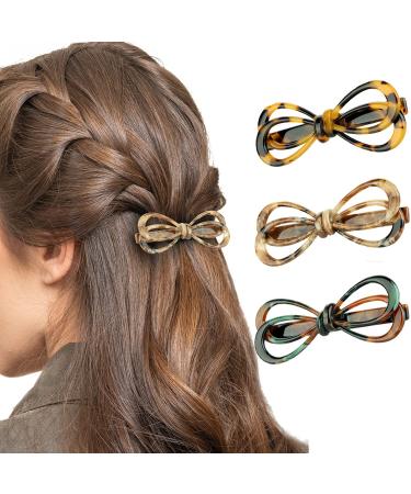 Cobahom 3Pcs Hair Clips Duckbill Clip 2.5 inch Bow Hairpin 3 Colors Set Fashion Hollow Bow Hair Clips for Women Girls (Yellow-Brown & Beige & Red-Green)