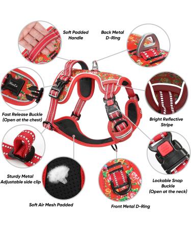 Heele Adjustable Reflective Dog Harness - Lockable Snap Anti-Train Design Floral Red | Size L (43-86cm) - Buy Online on GoSupps.com