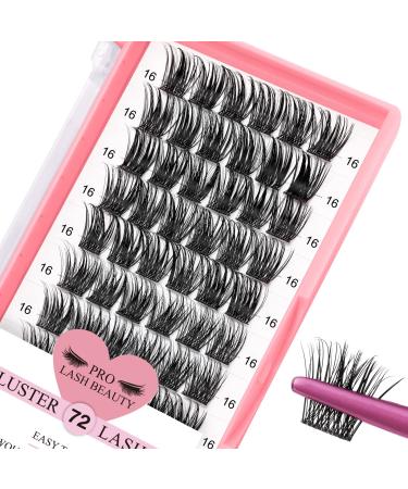 Cluster Lashes 72 Pcs Lash Clusters DIY Eyelash Extension Individual Lashes D-16mm Thin Band Easy to Apply at home Lashes (First Glance D-16mm)