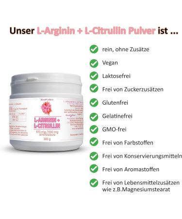 L-Arginine 1170 mg + L-Citrulline 600 mg Powder - 300g Vegan Amino Acids | No Additives | High Dosage | SinoPlaSan - International Shipping Available - Buy Online on GoSupps.com