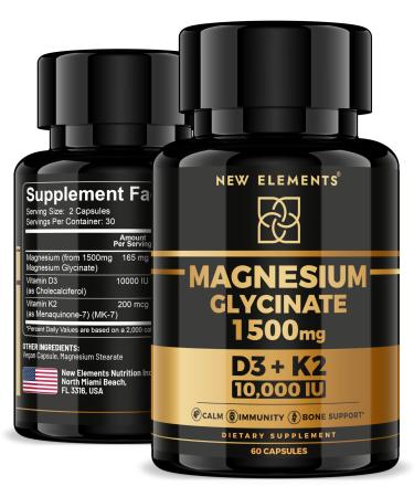 Magnesium Glycinate 1500mg with Vitamin D3 K2 10 000 IU - Bone Health Immune Support Energy & Mood - Non-GMO Gluten-Free 60 Vegan Capsules for Women & Men