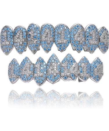 Hip Hop Blue Zircon Teeth Grillz Top Bottom Tooth Cap Decor Dental Grills for Unisex Rapper Jewelry Silver lower teeth - Buy Online on GoSupps.com