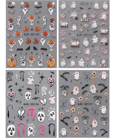 5D Halloween Nail Stickers 4 Sheets 5D Self-Adhesive Embossed Pink Nail Decal Ghost Pumpkin Nail Art Decoration Design Supplies - Buy Online on GoSupps.com