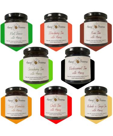 Honey Bee Preserves Jams Marmalades Pick N Mix - Choose From 8 Flavours | Mint Sauce Strawberry Plum-Jam Gooseberry-Jam Blackcurrant Orange-Marmalade - Pack of 3