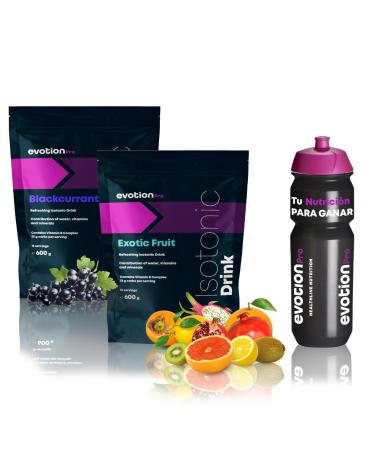 Evotion Pro Isotonic beverage powder and bicycle bottle 2 x 600g currant and exotic fruit - calcium magnesium potassium sodium electrolyte powder sports drink - electrolyte sport recovery drink black currant and exotic fruits