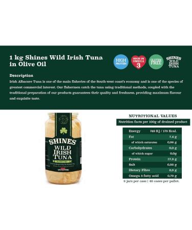 Wild Irish Albacore Tuna in Olive Oil - 1kg Jar - Low Carb - Ideal for Keto Diet - LCHF - Dolphin Friendly - Hand Filleted - No Gluten - High in Omega 3 - Low in Salt - by Shines - Buy Online on GoSupps.com