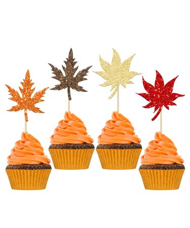 Gyufise 24Pcs Maple Leaf Cupcake Toppers Glitter Fall Theme Cupcake Picks Fall Harvest Thanksgiving Party Cake Decorations Supplies Mixed Colors Multi 6