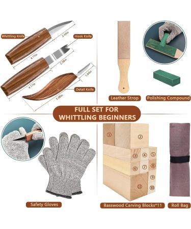 Wood Carving Kit for Beginners - 19PCS Tools with 3 Whittling Knives, Basswood Blocks, Gloves, Strop Block, Polishing Compound - Hobbies for Adults - Buy Online on GoSupps.com